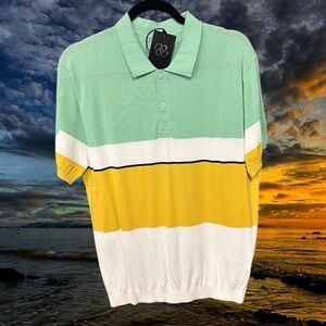 Altairega men’s size small short sleeve knit polo shirt Green mustard ivory new
